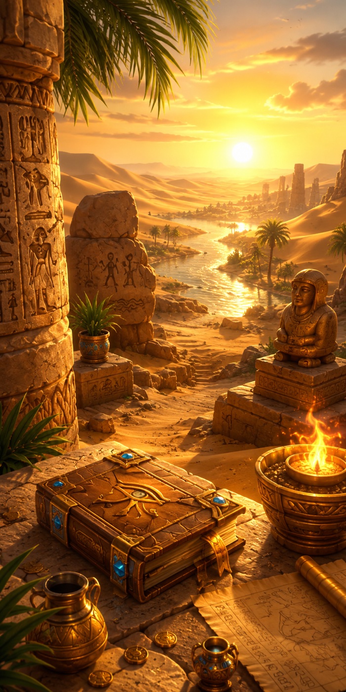 Golden-hour view over the ruins and the Nile in Ancient Egypt